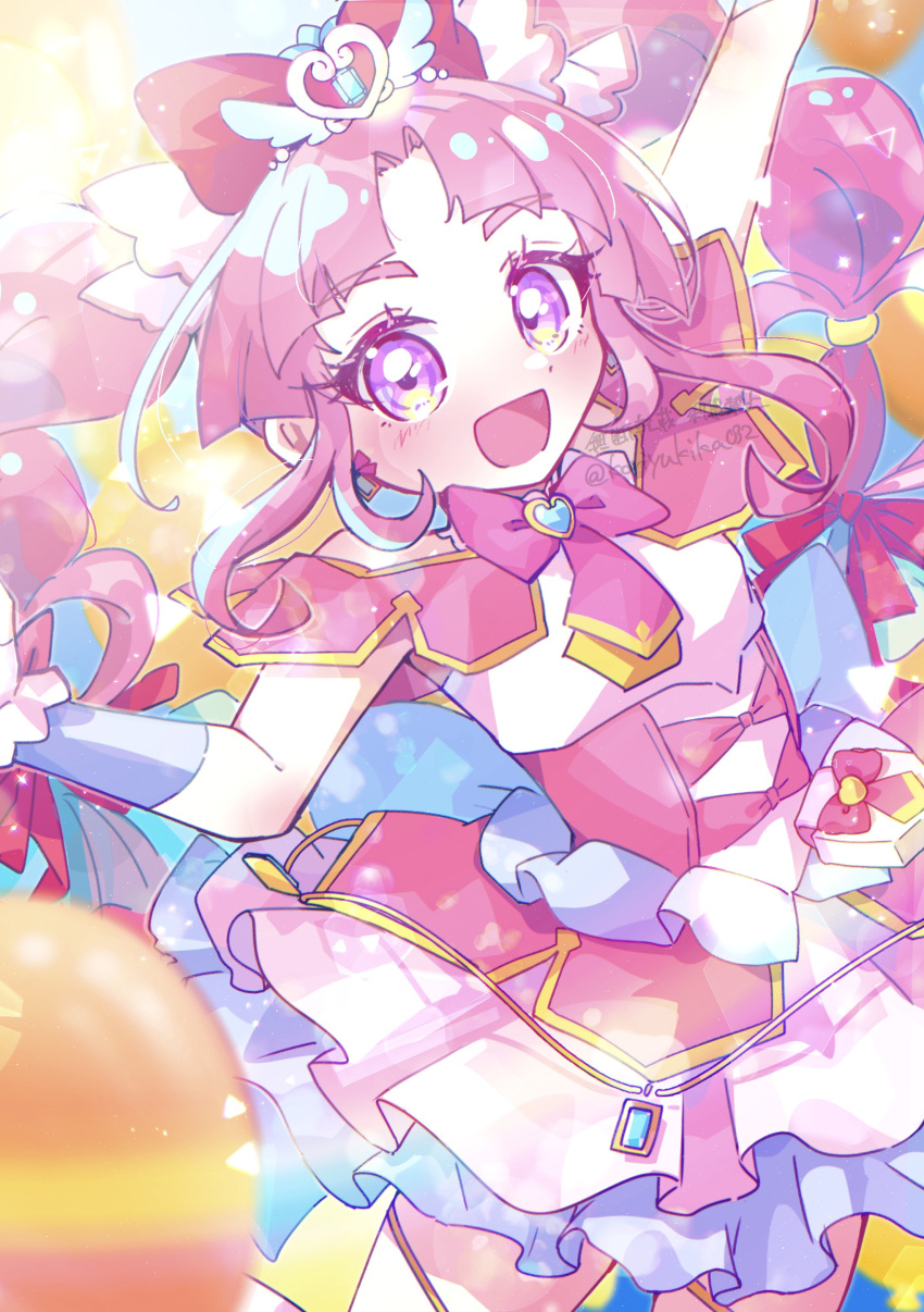 1girl, absurdres, bow, commentary_request, cure_mystique, dress, hair_bow, highres, koriyukika032, looking_at_viewer, meitantei_precure!, open_mouth, pink_hair, precure, red_bow, short_sleeves, solo, twitter_username, violet_eyes