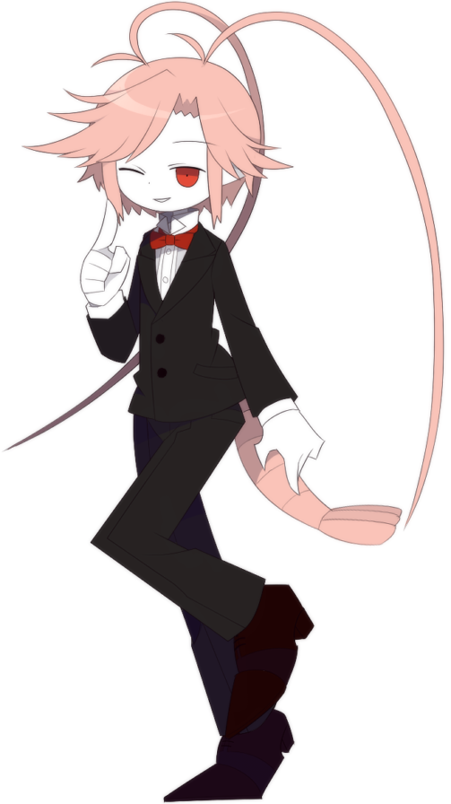 1boy, antenna_hair, antennae, black_pants, black_suit, bow, bowtie, cherryblod_(funamusea), collared_shirt, full_body, funamusea, funamusea_(artist), index_finger_raised, official_art, one_eye_closed, oounabara_to_wadanohara, pants, pink_hair, pointy_ears, red_bow, red_bowtie, red_eyes, shirt, shoes, short_hair, shrimp_tail, simple_background, smile, solo, standing, standing_on_one_leg, suit, tail, tuxedo, white_background, white_shirt