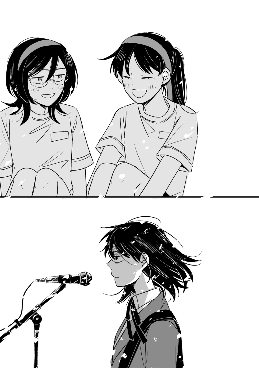 2girls, :d, blush, commentary_request, eyewear_on_head, futsuu_no_keion-bu, glasses, guitar_strap