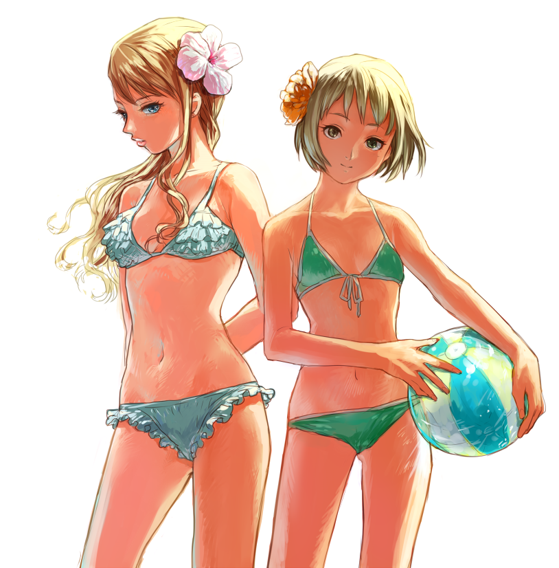 beachball, bikini, blonde_hair, blue_eyes, brown_eyes, flat_chest, flower, frilled_bikini
