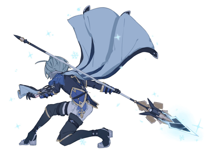 1boy, ahoge, armor, black_boots, black_gloves, blue_cape, blue_shirt, boots, cape, coat, collared_shirt, commentary, disaster_and_remorse_(genshin_impact), dynamic_pose, genshin_impact, gloves, glowing, glowing_weapon, green_hair, highres, holding, holding_behind_back, holding_polearm, holding_polearm_behind_back, holding_weapon, holding_weapon_behind_back, lohen_(genshin_impact), long_sleeves, male_focus, multicolored_gloves, onemu_z, pants, polearm, shirt, short_hair, shoulder_armor, snowflakes, solo, thigh_strap, two-tone_gloves, untranslatable_commentary, weapon, white_pants