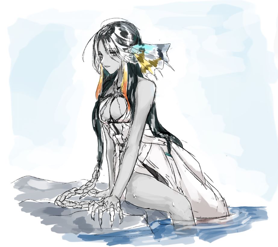 1girl, arm_support, black_hair, black_lips, chain, colored_skin, dress, grey_skin