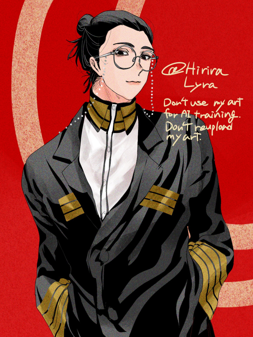 1boy, artist_name, black_hair, closed_mouth, commentary_request, eyewear_strap, glasses, hair_bun, hand_in_pocket, highres, hiriralyra, kaku_yasuaki, lapels, long_sleeves, looking_at_another, looking_at_viewer, male_focus, nippon_sangoku, notched_lapels, short_hair, solo, twitter_username