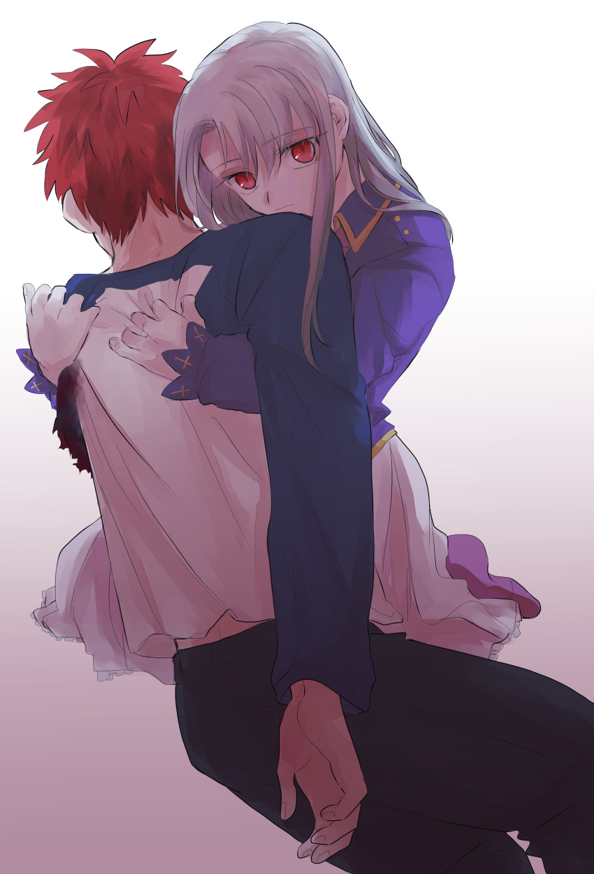 1boy, 1girl, absurdres, adoptive_siblings, amputee, armless_amputee, blood, corpse, death, dying, emiya_shirou, fate/stay_night, fate_(series), highres, hug, illyasviel_von_einzbern, jacket, long_hair, long_sleeves, muzzlerao, orange_hair, protecting, raglan_sleeves, red_eyes, red_hair, short_hair, siblings, white_hair