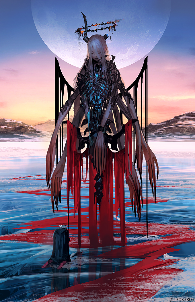 1other, ambiguous_gender, artist_name, black_cloak, black_horns, blood, broken_horn, claws