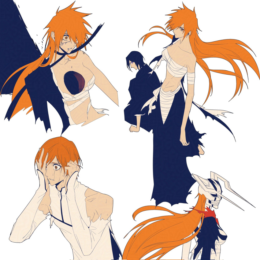 bandaged_chest, black_kimono, bleach, body_markings, coat, crying, death, demon_horns, empty_eyes, from_above, fur_collar, genderswap, genderswap_(ftm), genderswap_(mtf), hands_on_own_face, highres, hole_in_chest, hole_on_body, hollow_(bleach), hollow_ichigo, hollow_ichigo_(full_hollow), horns, inoue_orihime, japanese_clothes, kimono, kuchiki_rukia, kurosaki_ichigo, long_hair, looking_back, mask, multiple_views, orange_eyes, orange_hair, skull_mask, squatting, tensa_zangetsu_(bankai), torn_clothes, white_coat, zangjun