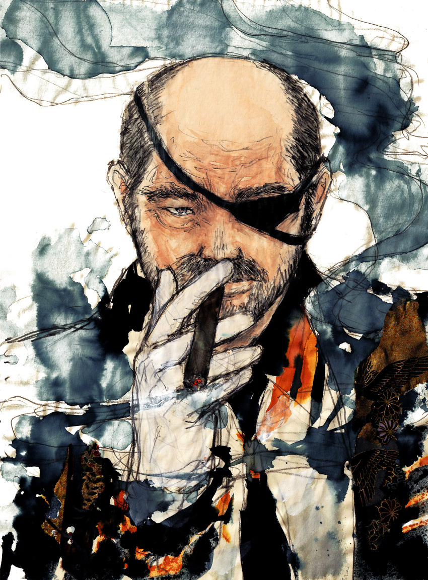 1boy, absurdres, balding, beard, cigarette, commentary_request, eyepatch, facial_hair, highres, holding, holding_cigarette, looking_at_viewer, nippon_sangoku, ryumon_mitsuhide, sketch, smoke, smoke_trail, solo, sunameri_(takejii), teeth, upper_teeth_only, white_background