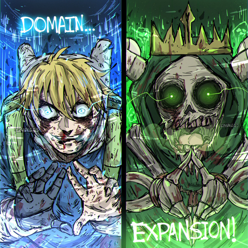 1boy, black_gloves, blonde_hair, blood, blue_eyes, blue_shirt, crown, domain_expansion