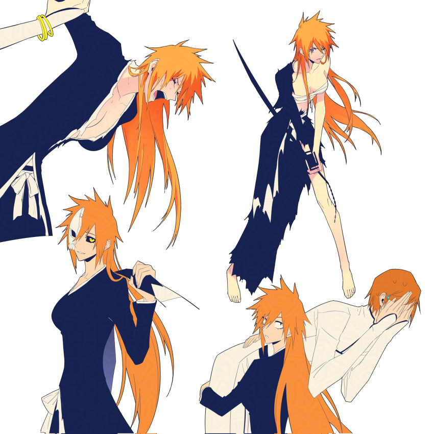 bandaged_chest, black_kimono, black_sclera, bleach, bound_breasts, carrying_over_shoulder, coat, colored_sclera, covering_own_mouth, fighting_stance, floating_hair, genderswap, genderswap_(ftm), genderswap_(mtf), grimmjow_jaegerjaquez, hair_ornament, hairclip, highres, holding, holding_sword, holding_weapon, inoue_orihime, japanese_clothes, kimono, kurosaki_ichigo, long_hair, looking_at_another, looking_at_viewer, multiple_views, nnoitra_gilga, one_eye_closed, sanpaku, sash, screaming, smile, sweatdrop, sword, tensa_zangetsu_(bankai), torn_clothes, torn_kimono, weapon, white_background, white_coat, white_sash, yellow_eyes, zangjun