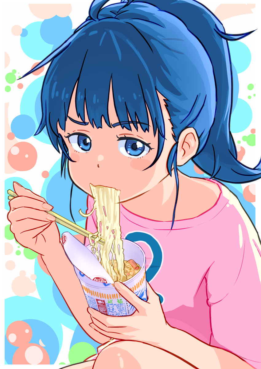 1girl, absurdres, blue_eyes, blue_hair, chopsticks, commentary_request, cup, eating, fingernails, highres, holding, holding_chopsticks, holding_cup, imzen, looking_at_viewer, make_heroine_ga_oo_sugiru!, nissin_cup_noodle, nissin_cup_noodle_seafood, pink_shirt, school_uniform, shirt, solo, yanami_anna
