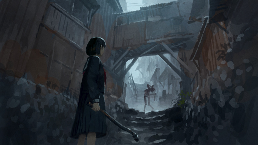2girls, black_hair, black_serafuku, black_shirt, building, commentary_request, facing_away, fog