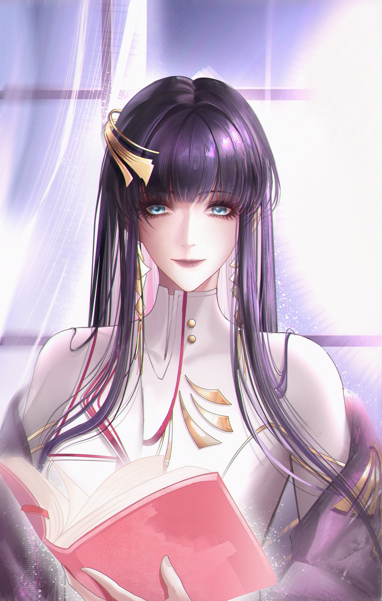 1girl, blue_eyes, bodysuit, book, facing_viewer, hair_ornament, highres, holding, holding_book, isomer_(path_to_nowhere), light_smile, looking_at_viewer, path_to_nowhere, purple_hair, qianqi, solo, upper_body, white_bodysuit