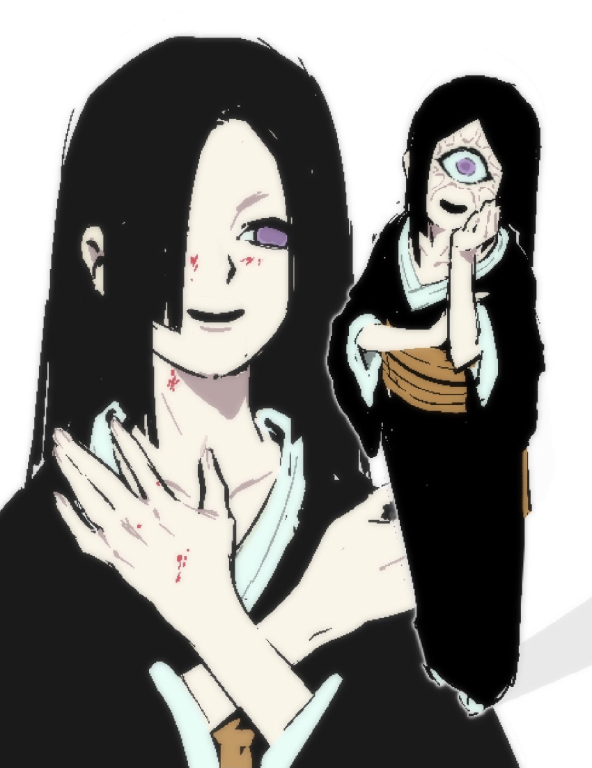 black_hair, cyclops, demon, demon_girl, highres, japanese_clothes, kimetsu_no_yaiba, long_hair, mistepjw6o6, nakime_(kimetsu_no_yaiba), one-eyed, open_mouth, simple_background, smile, violet_eyes, white_background