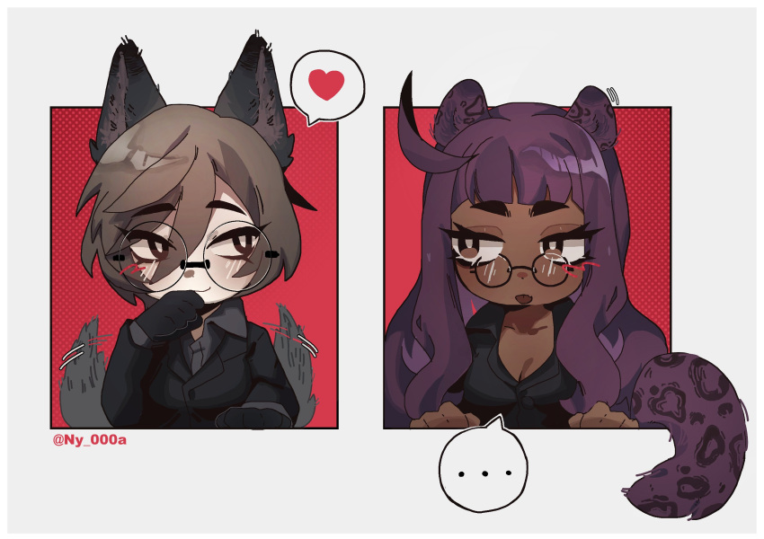 ..., 2girls, animal_ears, black_gloves, black_shirt, blush, brown_eyes, chibi