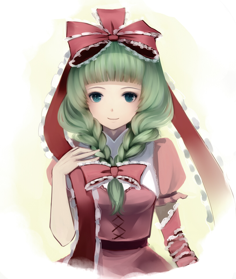 afulu, alternate_hairstyle, blue_eyes, bow, braid, breasts, bust, dress