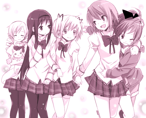 akemi_homura, hand_holding, happy, holding_hands, kamekoya_sato, kaname_madoka, kyubey, lowres, mahou_shoujo_madoka_magica, miki_sayaka, monochrome, multiple_girls, pantyhose, sakura_kyouko, school_uniform, smile, tomoe_mami