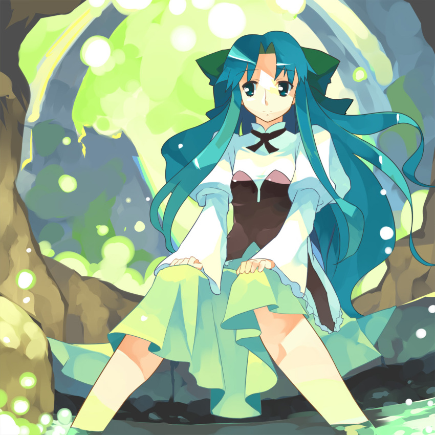 blue_hair, bow, dress, feet_in_water, fia, highres, long_hair, riviera