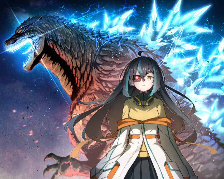 1girl, absurdres, ahoge, bioluminescence, black_hair, blue_hair, commentary_request, giant