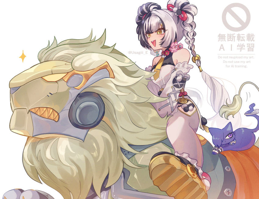 1girl, animalization, banyue_(zenless_zone_zero), bare_shoulders, black_hair, blush, braid, braided_twintails