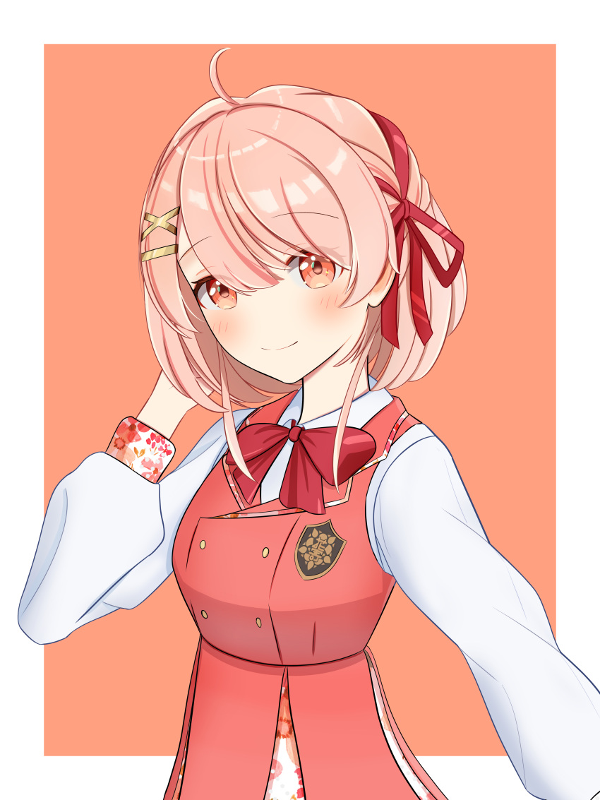1girl, absurdres, ahoge, anaqintama, blush, bow, bowtie, braid, hair_ornament, hair_ribbon, hairclip, hand_on_own_head, highres, indie_virtual_youtuber, kano_(hanayori_jyoshiryou), long_sleeves, looking_at_viewer, orange_background, pink_hair, red_bow, red_bowtie, red_eyes, red_ribbon, red_vest, ribbon, school_uniform, shirt, short_hair, simple_background, smile, solo, two-tone_background, upper_body, vest, white_shirt, x_hair_ornament