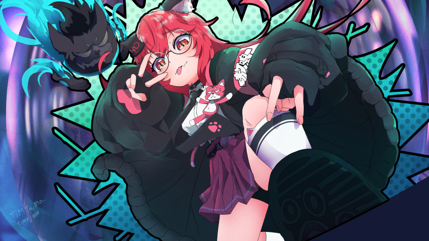 1girl, absurdres, animal_ear_fluff, animal_ears, black-framed_eyewear, black_gloves, black_jacket, cat_ears