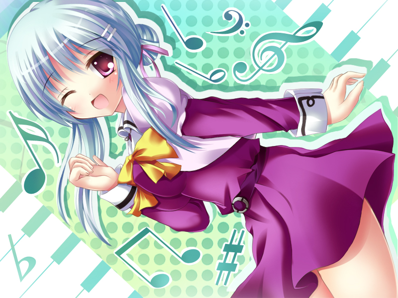 gero-dog, hair_bun, hair_ornament, hairclip, musical_note, pink_eyes, r-15, ribbon