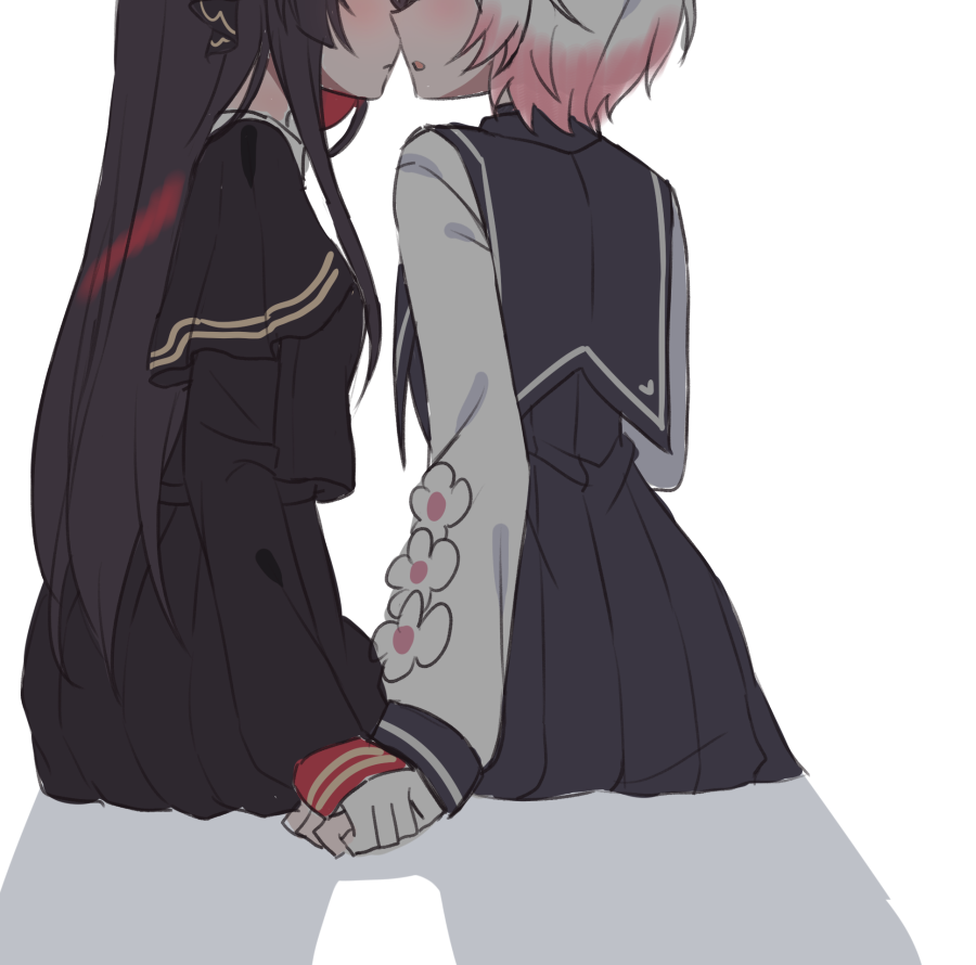 2girls, black_dress, black_hair, blush, commentary, dress, flower, from_behind
