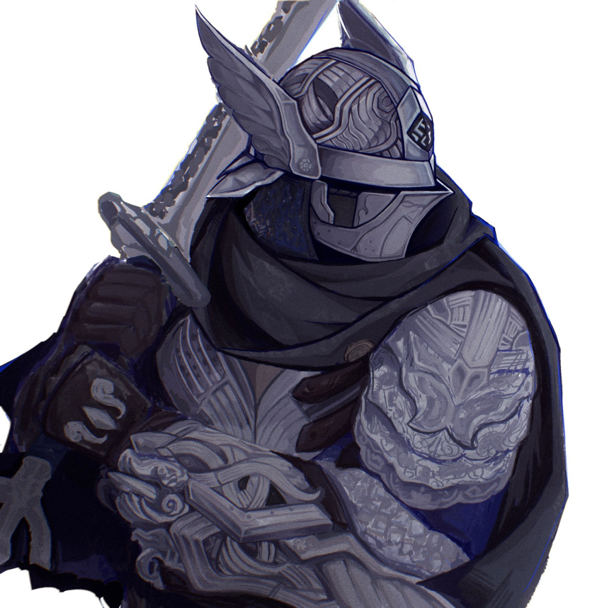 1boy, arm_mounted_weapon, armor, black_cape, blue_surcoat, brooch, brown_gloves, cape, commentary, elden_ring, elden_ring_nightreign, gloves, helmet, highres, holding, holding_sword, holding_weapon, jewelry, ornate_armor, sword, upper_body, weapon, white_background, winged_helmet, wuse54, wylder_(elden_ring)