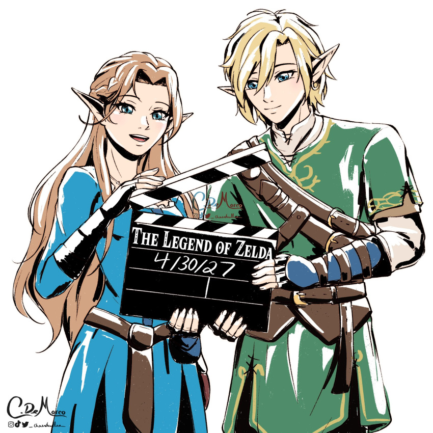 1boy, 1girl, blonde_hair, blue_eyes, braid, chaendeulleo, commentary, dress