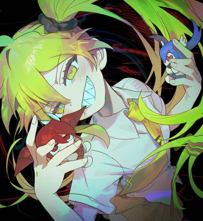 absurdres, akita_neru, antenna_hair, baumkuchen_endroll_(vocaloid), black_background, blonde_hair, blue_hair, collared_shirt