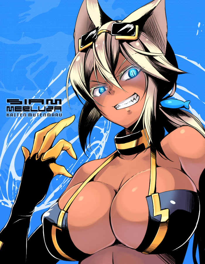 bare_shoulders, blue_eyes, breasts, brown_hair, cleavage, dark_skin, fukai_ryousuke, glowing