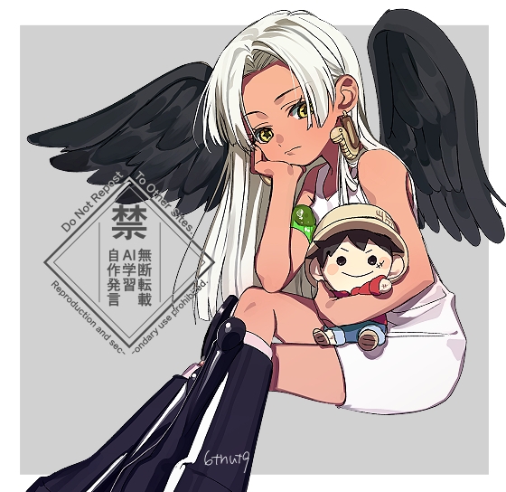 1girl, 6tnut9, black_wings, boots, commentary_request, dress, earrings, grey_background