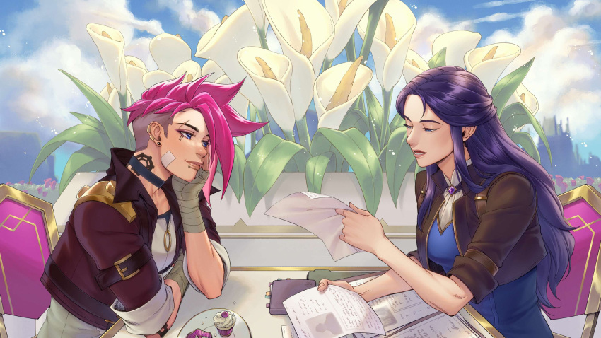 2girls, 2xko, asymmetrical_hair, blue_hair, butch/femme_couple, caitlyn_(league_of_legends), commentary, cupcake