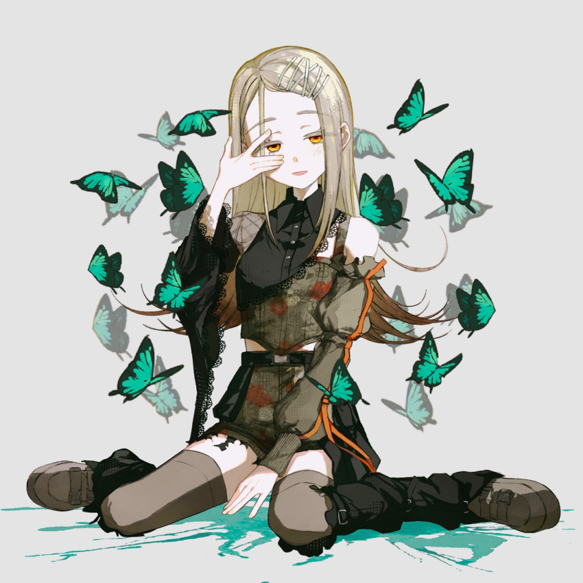1girl, asymmetrical_clothes, belt, black_belt, black_shirt, blush, breasts, bug