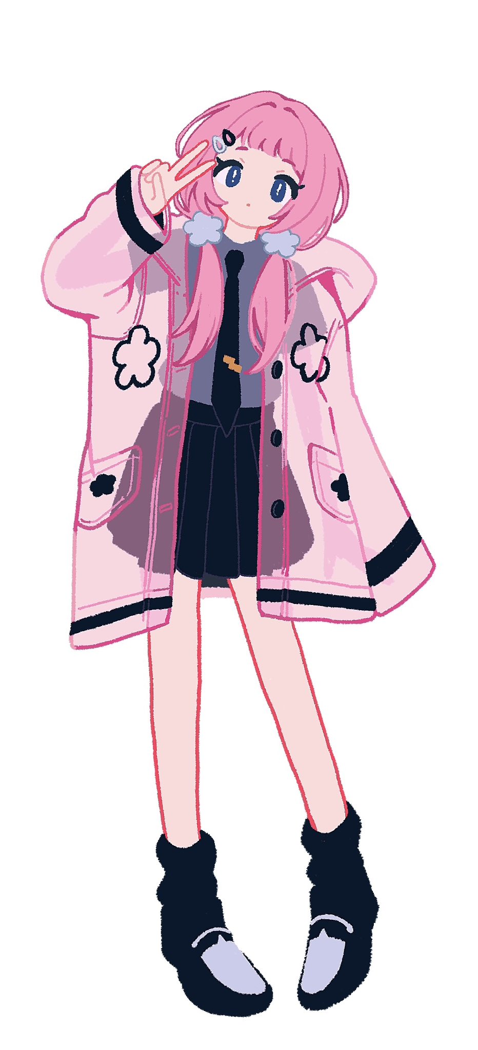 !-shaped_pupils, 1girl, black_necktie, black_skirt, blue_eyes, blue_shirt, blunt_bangs, buttons, collared_shirt, floral_print, full_body, hair_ornament, hairclip, head_tilt, highres, hood, hood_down, jacket, long_hair, long_sleeves, low_twintails, nanajigen_seitokai_(nijisanji), necktie, nichi_(83nichi), nijisanji, official_alternate_costume, open_clothes, open_jacket, parallel_hairclips, pink_hair, pink_jacket, pleated_skirt, pocket, see-through_clothes, see-through_jacket, shirt, short_sleeves, simple_background, skirt, sleeves_past_fingers, sleeves_past_wrists, solo, standing, suo_sango_(nanajigen_seitokai), tie_clip, twintails, v, white_background