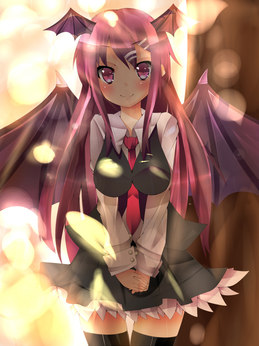 >:), alza, bat_wings, between_breasts, black_legwear, blush, breasts, buttons, demon_wings, dress_shirt, hair_ornament, hair_wings, hairclip, head_wings, highres, impossible_clothes, impossible_clothing, impossible_shirt, koakuma, long_hair, long_sleeves, necktie, red_eyes, red_hair, redhead, shirt, skirt, smile, solo, the_embodiment_of_scarlet_devil, thighhighs, touhou, v_arms, vest, wings, zettai_ryouiki