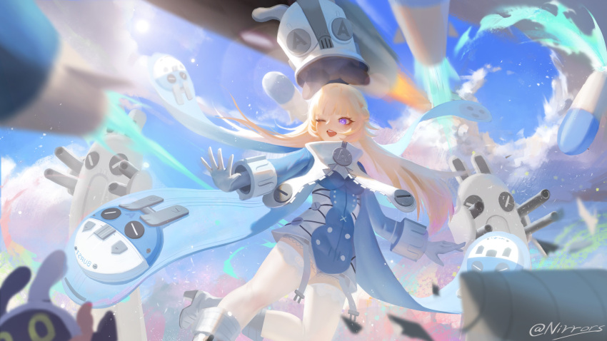 1girl, absurdres, bangboo_(zenless_zone_zero), blonde_hair, blunt_bangs, boots, commentary, detached_sleeves