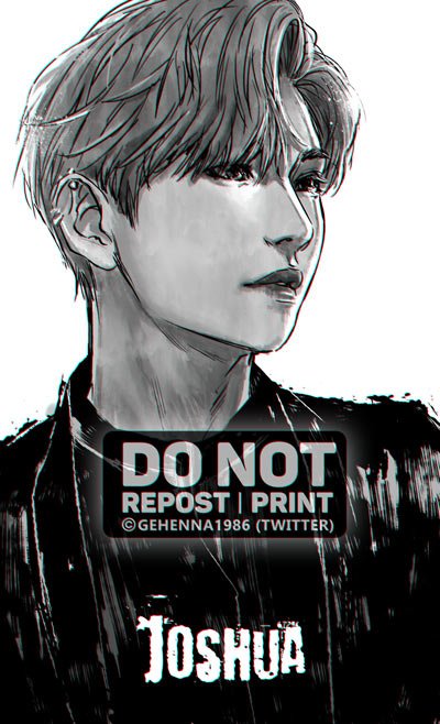 1boy, artist_name_(singer), commentary, ear_piercing, gehenna1986, greyscale, jacket, joshua_(seventeen)