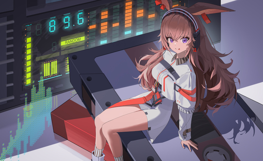 1girl, :p, animal_ears, april_(arknights), arknights, brown_hair, cassette_tape, chinese_commentary