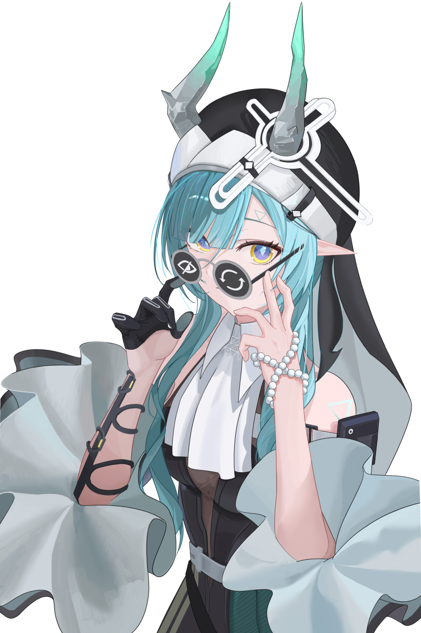 1girl, absurdres, arknights, arknights:_endfield, bare_shoulders, beads, bespectacled, black-framed_eyewear
