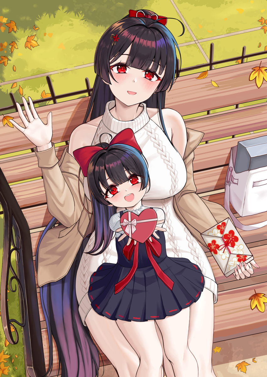 absurdres, agano_(azur_lane), aran_sweater, azur_lane, bag, bare_shoulders, bench, black_hair, box, breasts, cable_knit, commentary_request, dress, falling_leaves, gift, hair_ornament, heart-shaped_box, highres, large_breasts, leaf, long_hair, long_sleeves, mother_and_child, mother_and_daughter, open_mouth, parent_and_child, park_bench, pleated_dress, ponytail, red_eyes, sitting, sweater, turtleneck, waving, zbfmkc