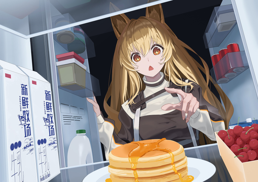 +_+, 1girl, animal_ears, arknights, blonde_hair, brown_eyes, can, ceobe_(arknights)