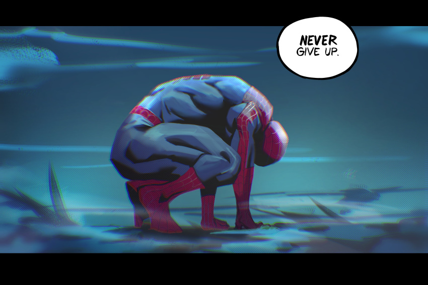 1boy, absurdres, all_fours, bodysuit, english_commentary, english_text, from_side, highres