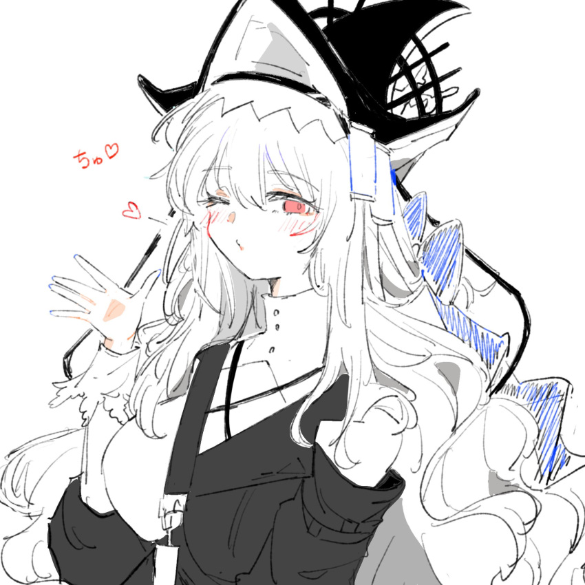 1girl, arknights, blowing_kiss, blue_bow, blush, bow, commentary_request, hat
