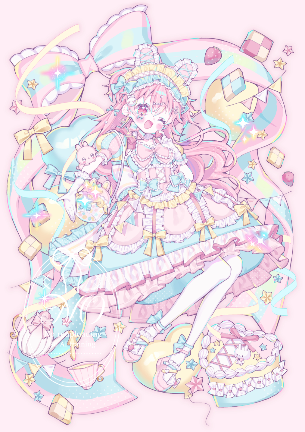 1girl, animal_ears, cake, checkerboard_cookie, commentary_request, cookie, cup, dress