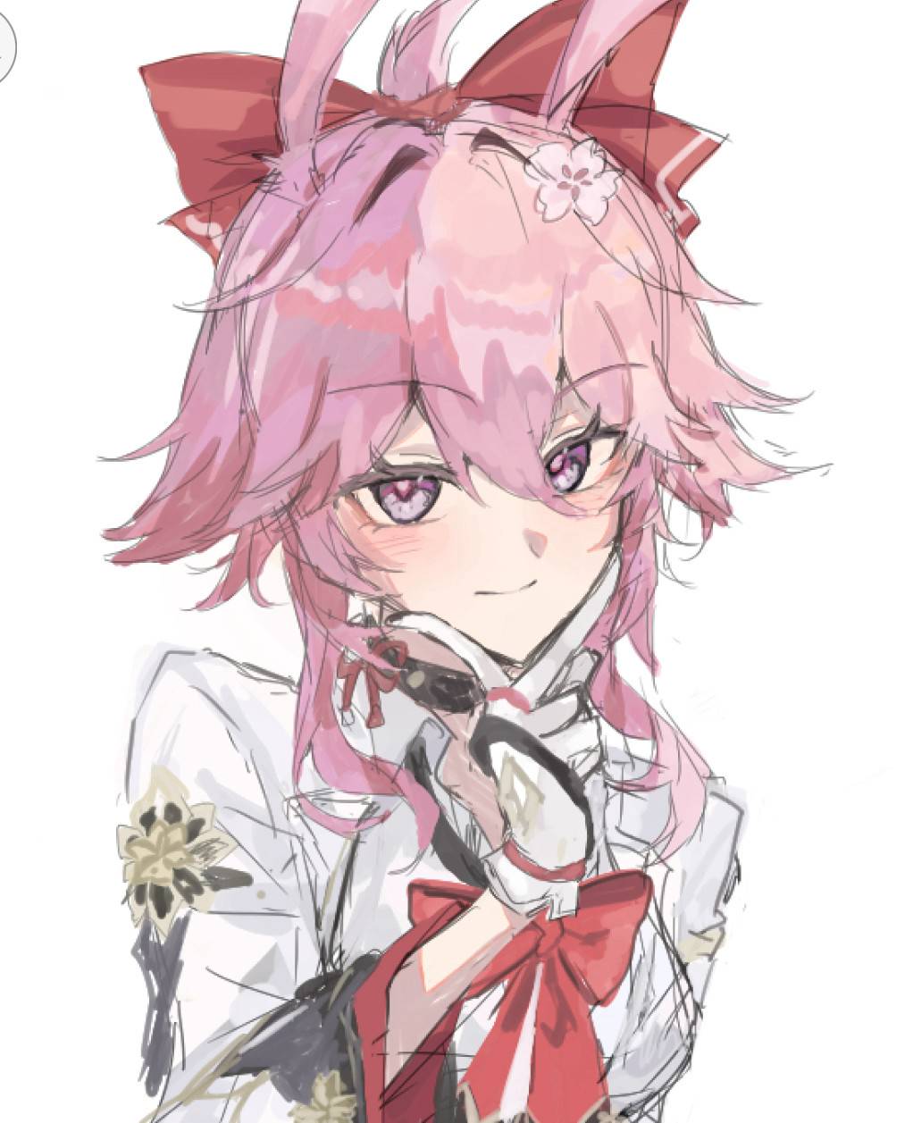 1girl, ais_no_tye, animal_ears, bow, bowtie, choker, commentary_request, evanescia_(honkai:_star_rail), gloves, hair_between_eyes, hair_bow, highres, honkai:_star_rail, honkai_(series), pink_hair, red_bow, shirt, smile, solo, upper_body, violet_eyes, white_gloves, white_shirt