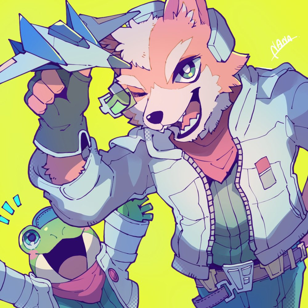 2boys, arm_up, arms_up, arwing, bandana, bandana_around_neck, baseball_cap, belt