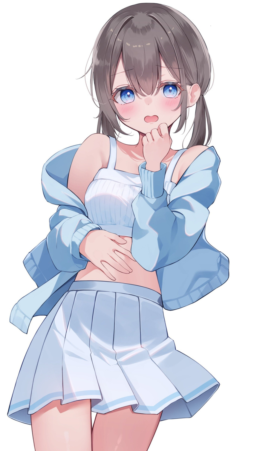1girl, absurdres, blue_cardigan, blue_eyes, blush, cardigan, commentary_request, cowboy_shot
