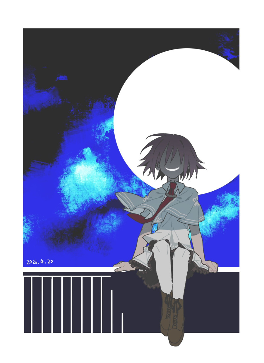 1girl, black_capelet, border, capelet, collared_shirt, commentary_request, dated, full_moon