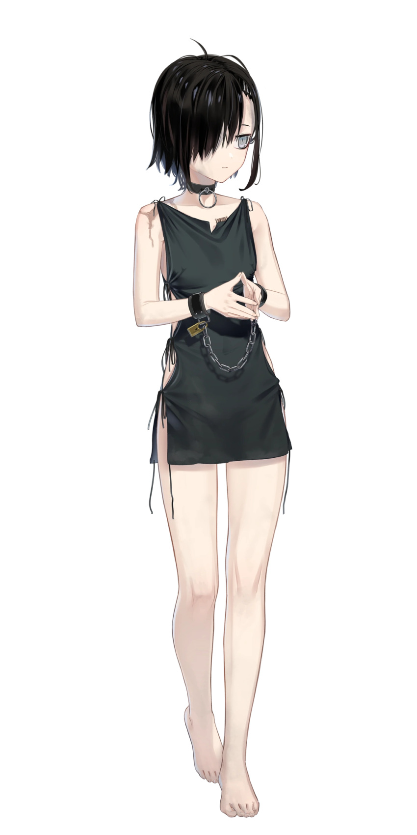 1girl, ahoge, barcode, barcode_tattoo, barefoot, black_hair, chain, chisato_(hentai_prison)